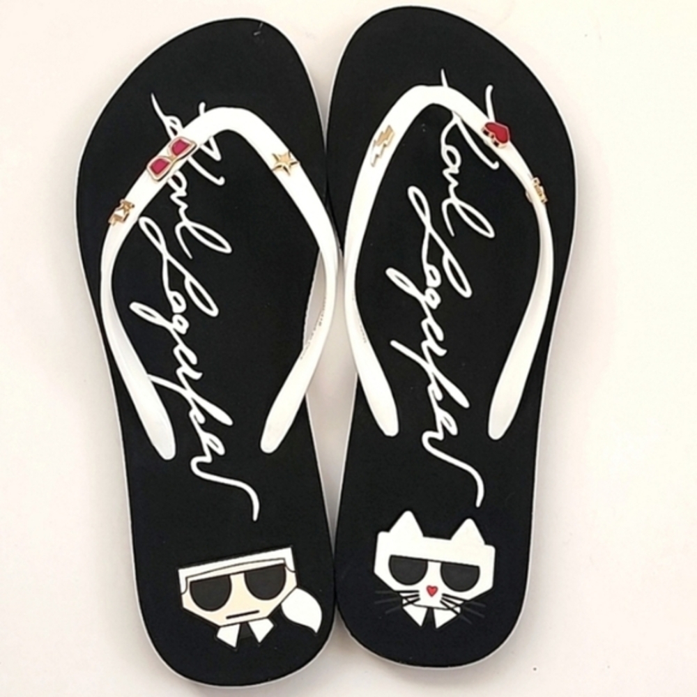 Karl Lagerfeld Black White red heart‎ charm foam Flip Flops Size 11 brand new